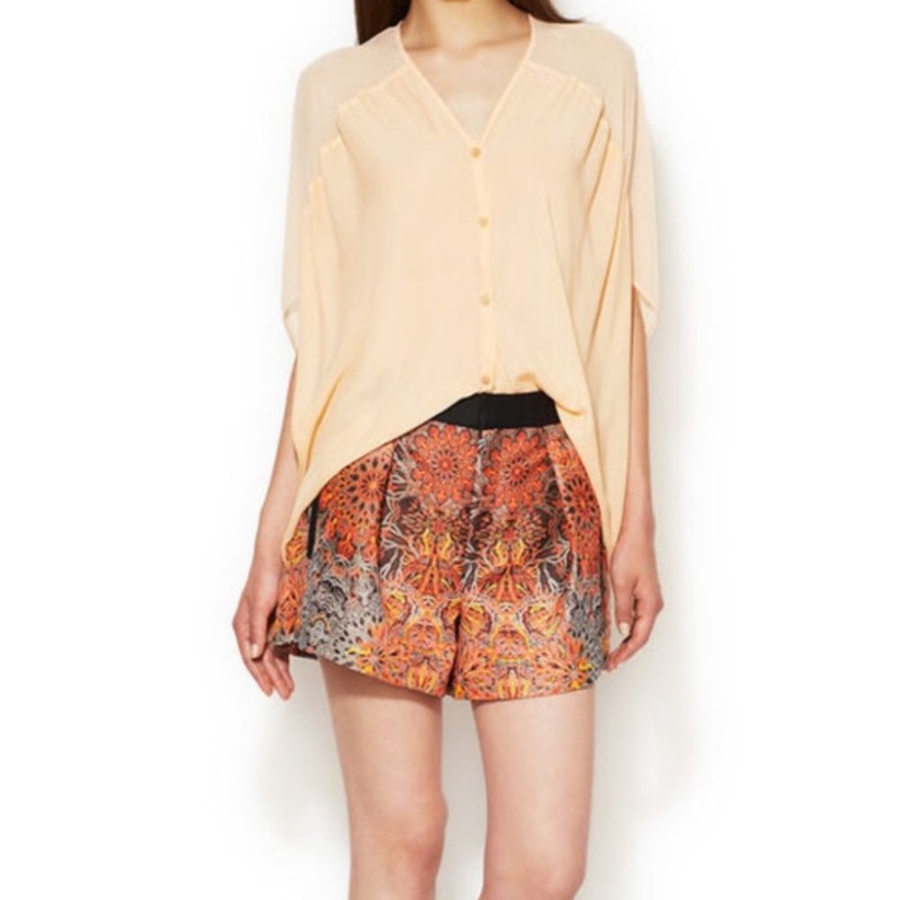 HELMUT LANG neon orange black silver medallion jacquard shorts